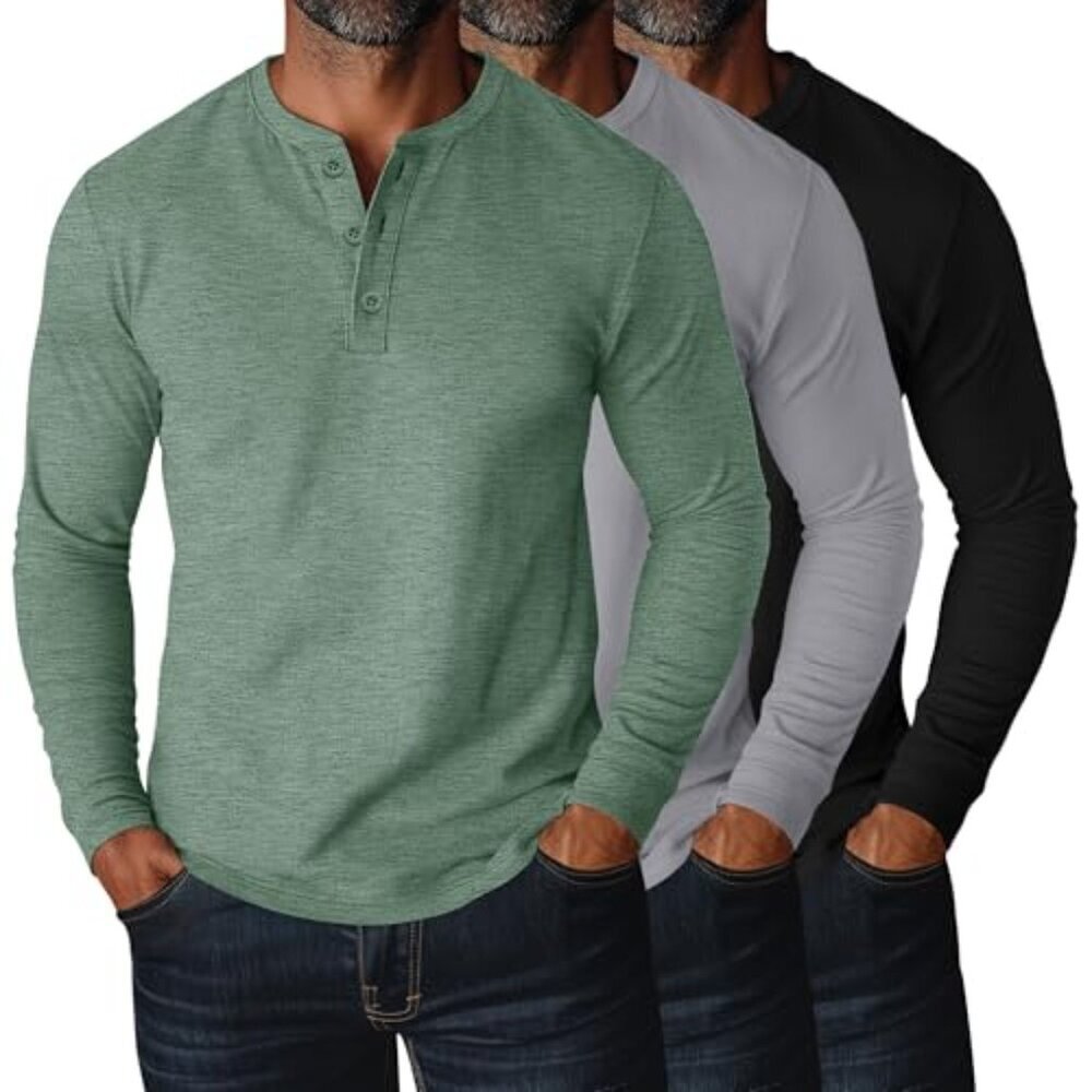 Men's Big Tall Henley T-Shirts Long Sleeve Cotton Blend Loose Fit Casual - Picture 2 of 8
